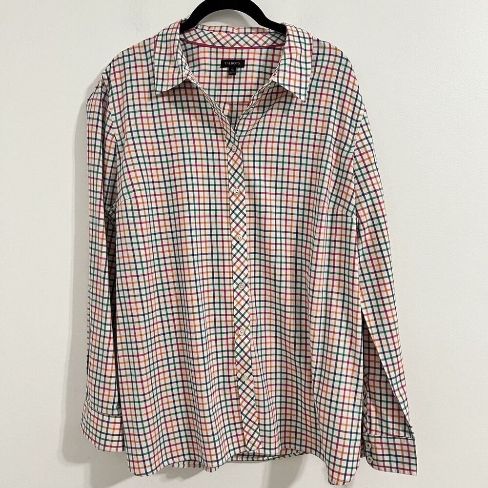 Talbots Shirt Womens XL Orange Pink Button-Up Colorful Check Long Sleeve